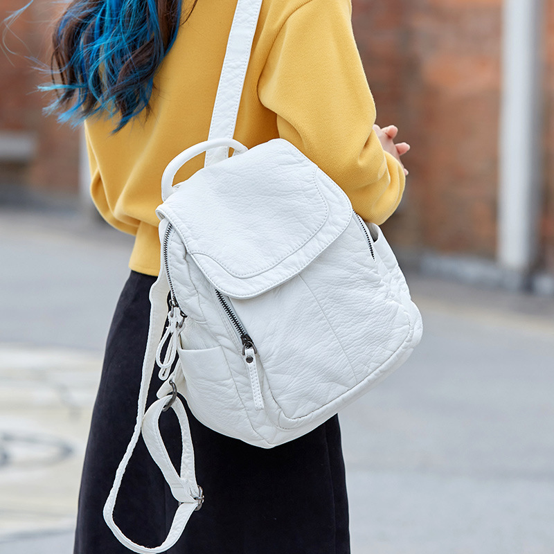 Women Bags White - Mochila de couro branca lavada para